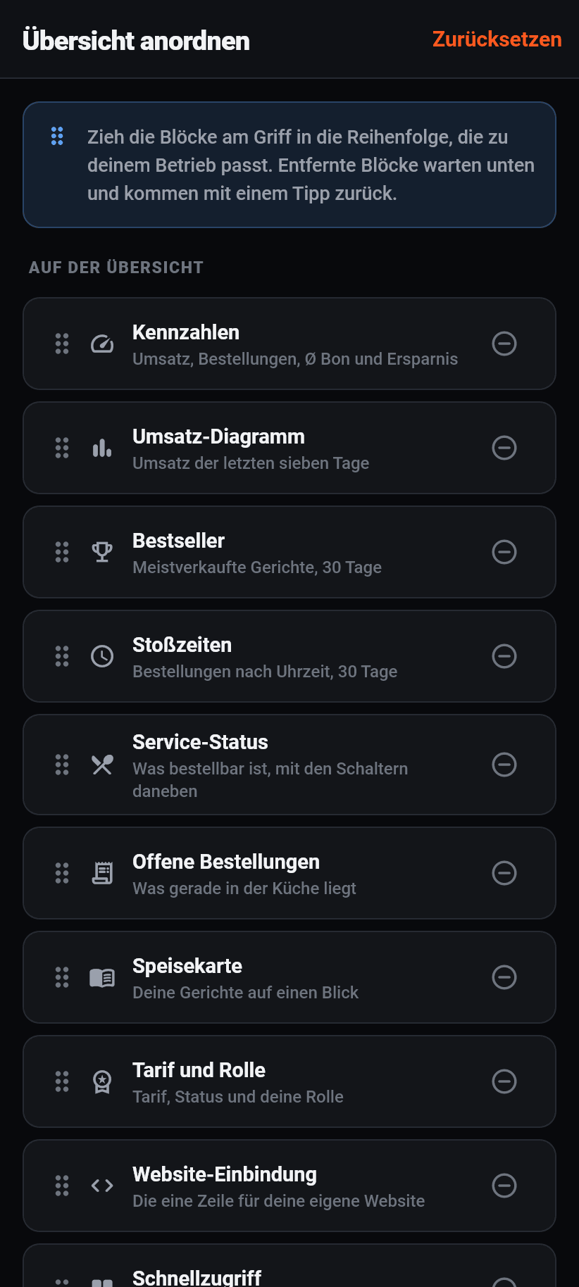 Die App für den Betrieb: Die Übersicht anordnen