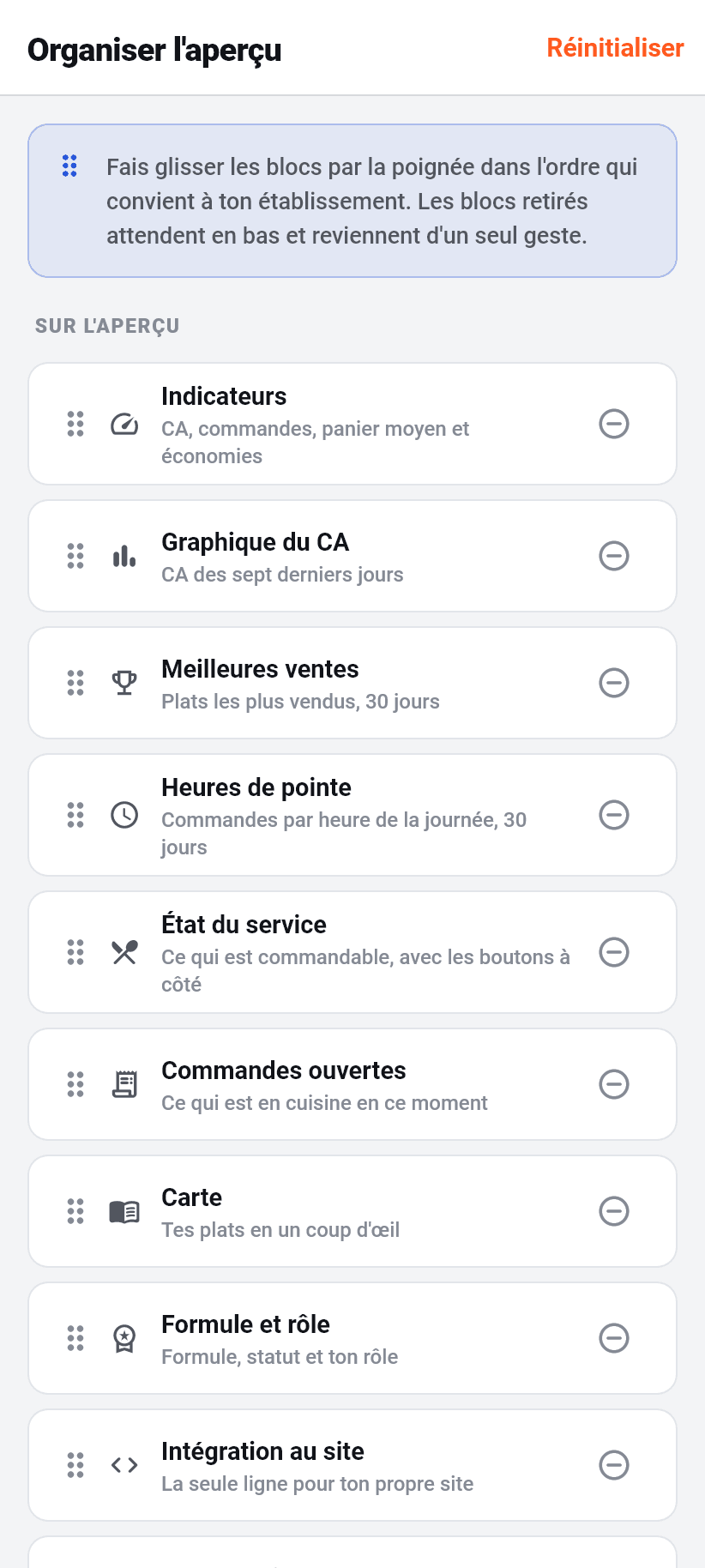L'application pour l'établissement: Réagencer l'aperçu
