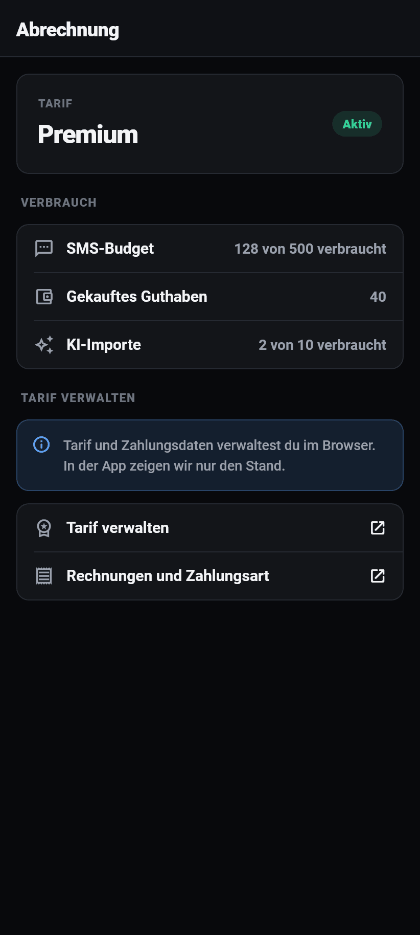 Einstellungen in der App: Abrechnung