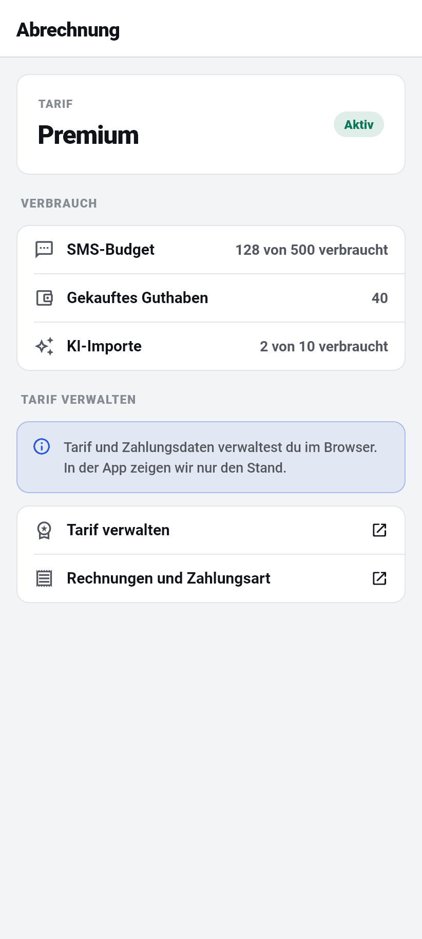 Einstellungen in der App: Abrechnung