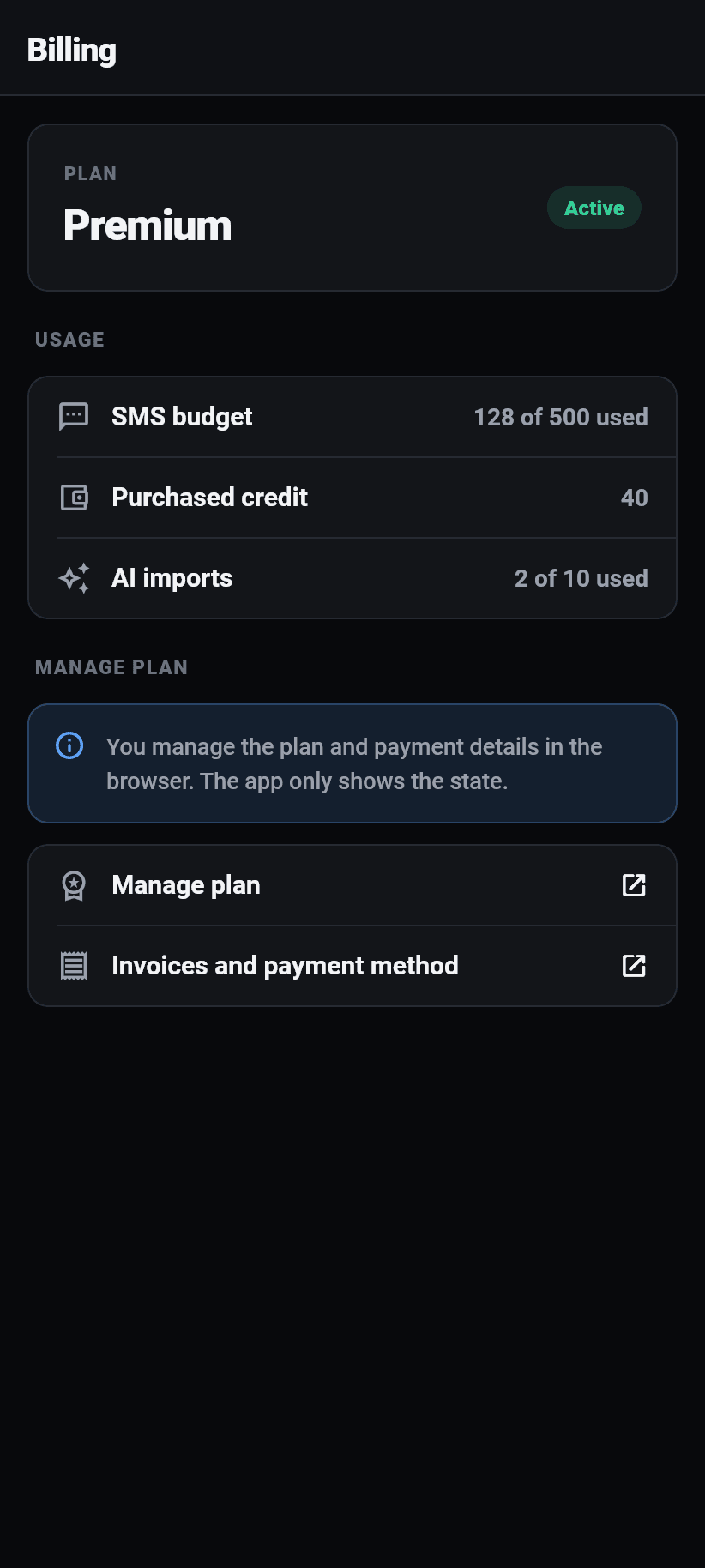 Settings in the app: Billing
