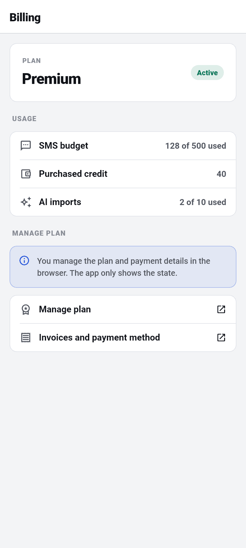 Settings in the app: Billing