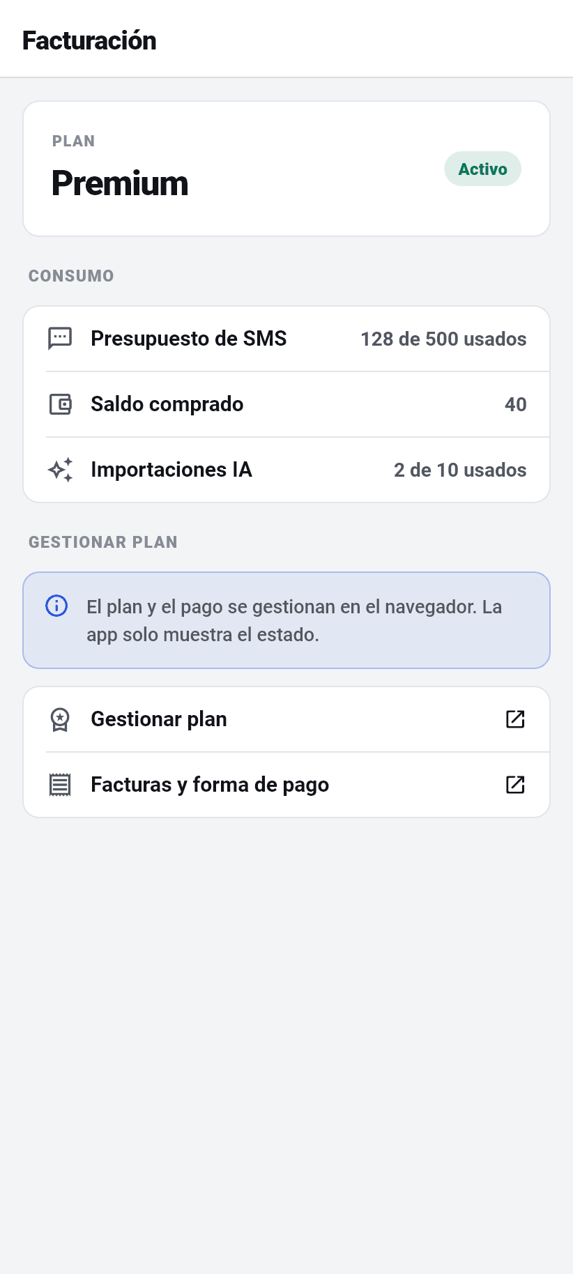 Los ajustes en la aplicación: Facturación