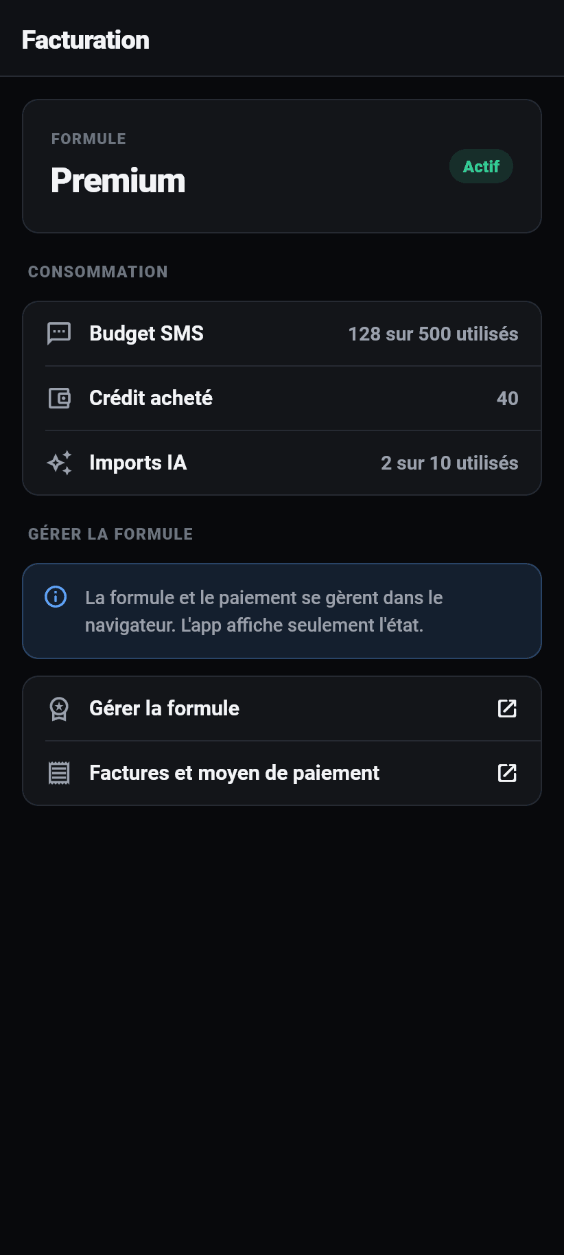 Les réglages dans l'application: Facturation