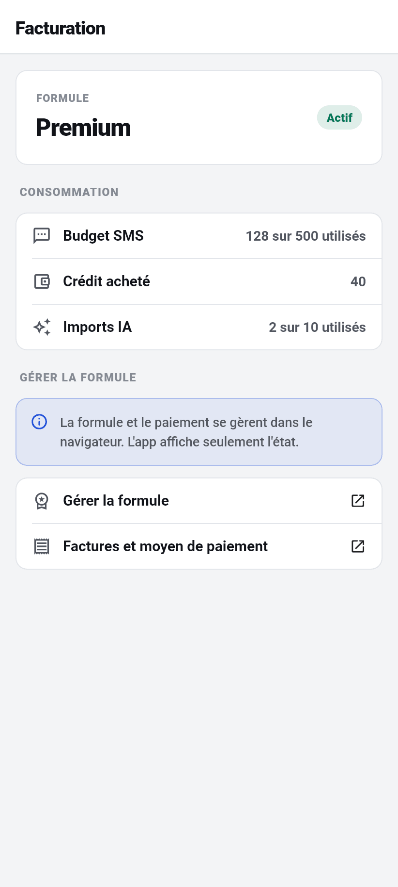 Les réglages dans l'application: Facturation