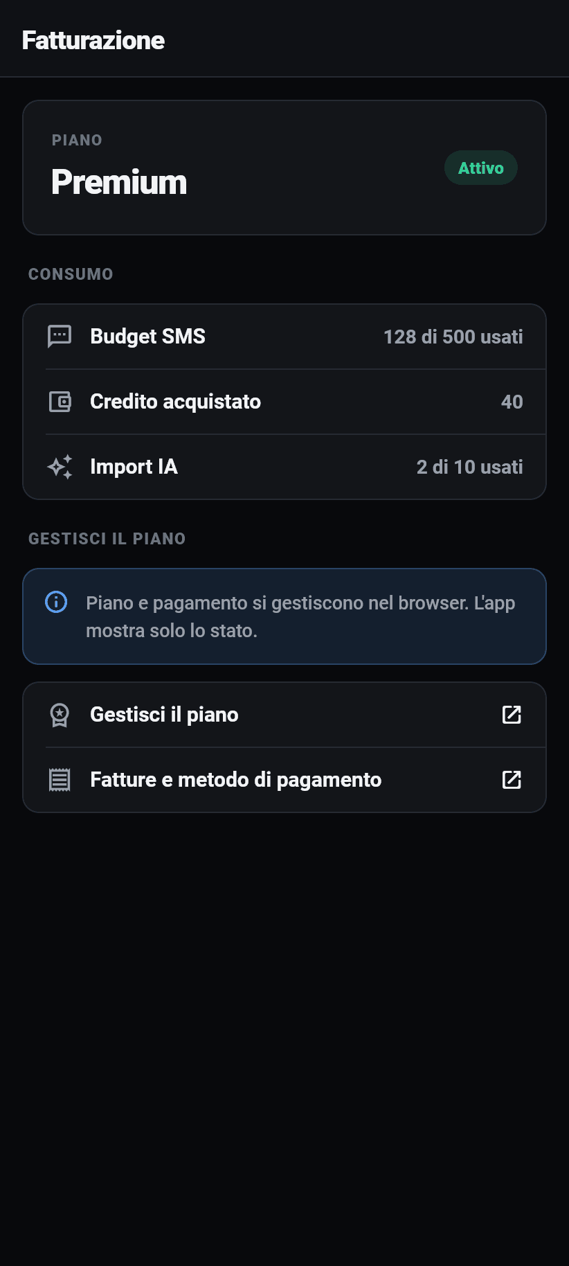 Le impostazioni nell'applicazione: Fatturazione