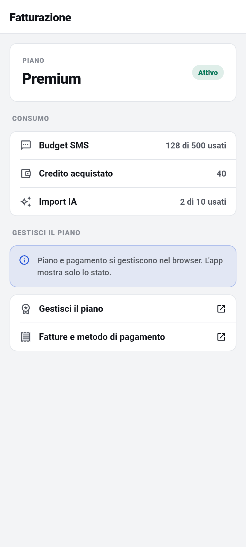 Le impostazioni nell'applicazione: Fatturazione