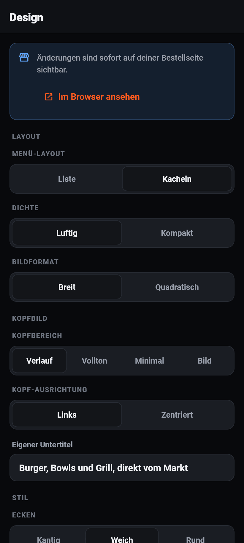 Einstellungen in der App: Design