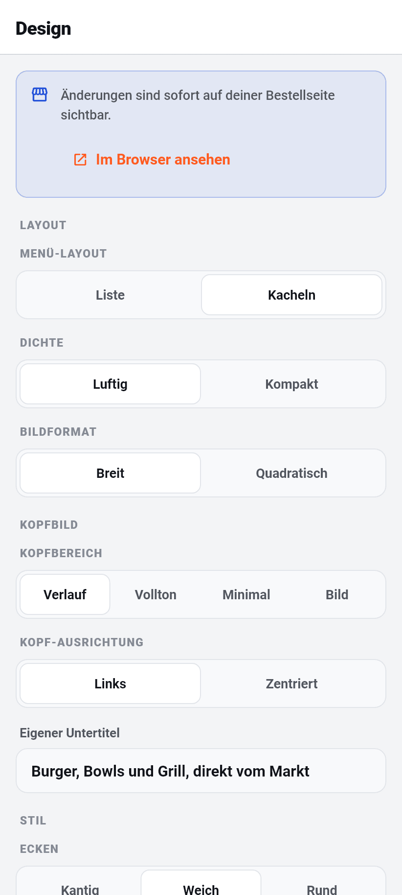 Einstellungen in der App: Design