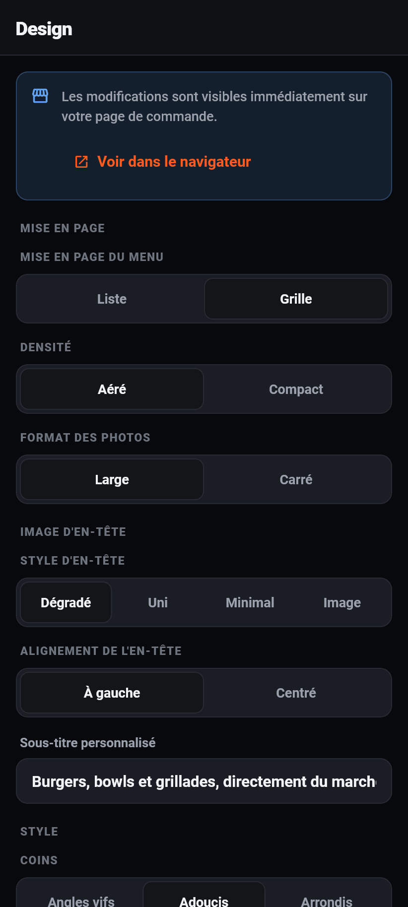 Les réglages dans l'application: Design