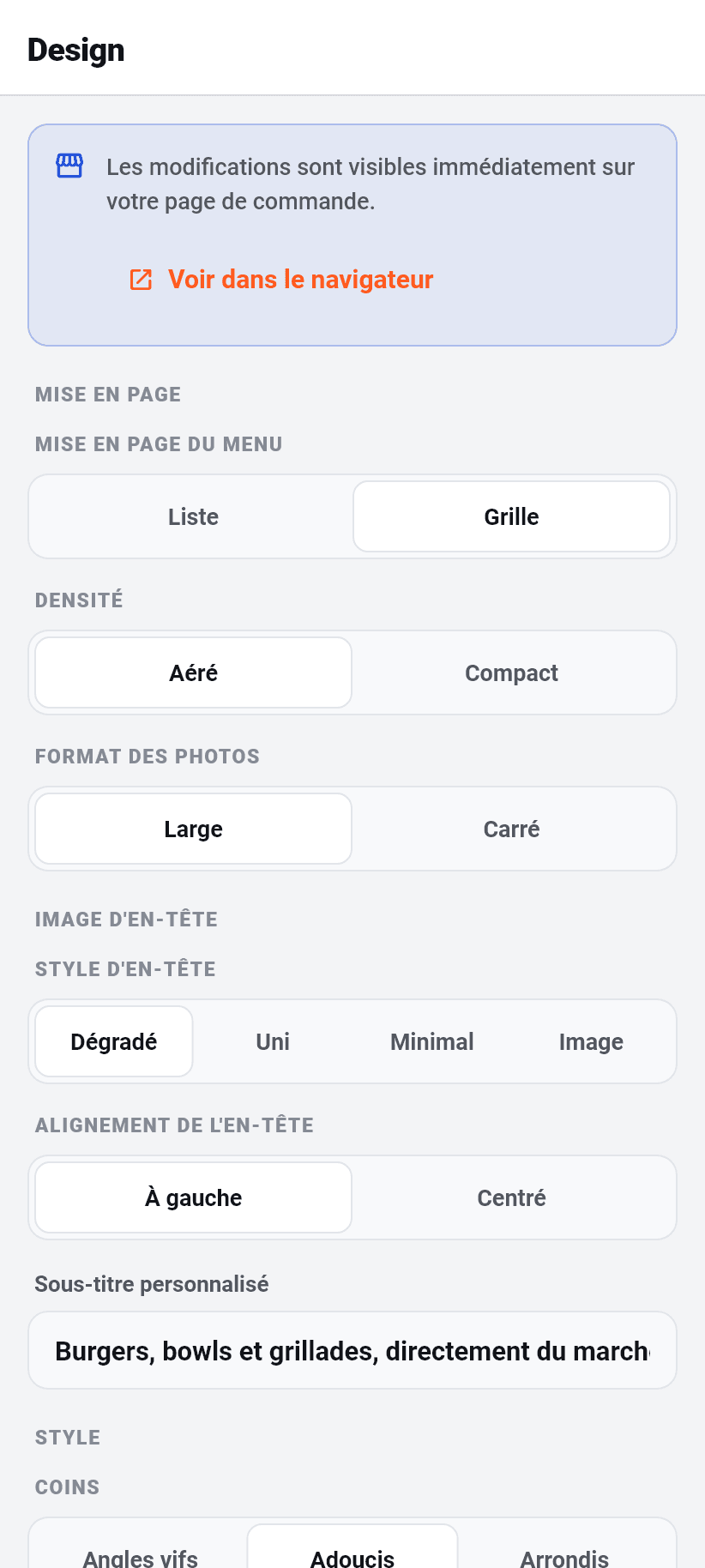 Les réglages dans l'application: Design