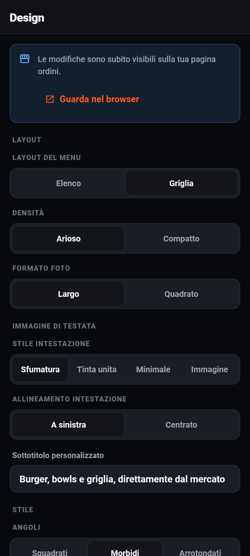 Le impostazioni nell'applicazione: Design