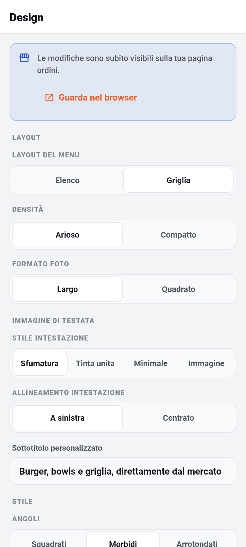 Le impostazioni nell'applicazione: Design