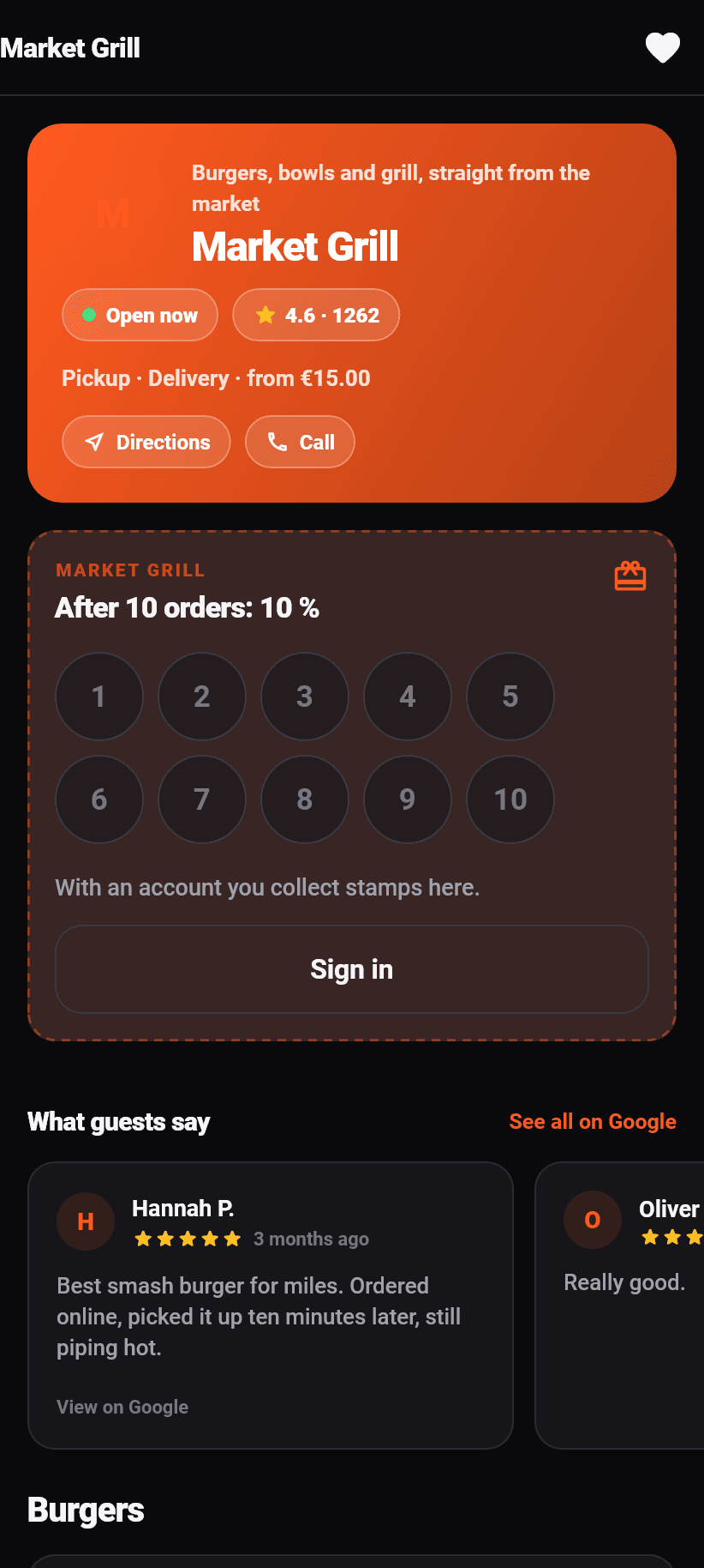The app for guests: The restaurant page