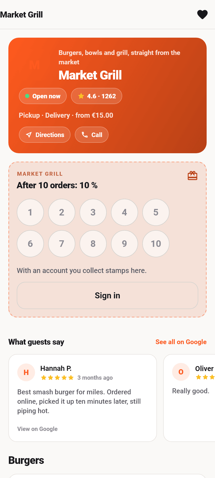 The app for guests: The restaurant page