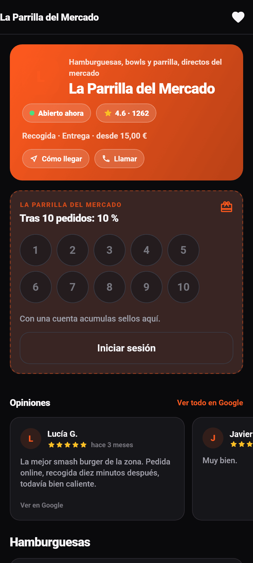 La aplicación para clientes: La página del restaurante