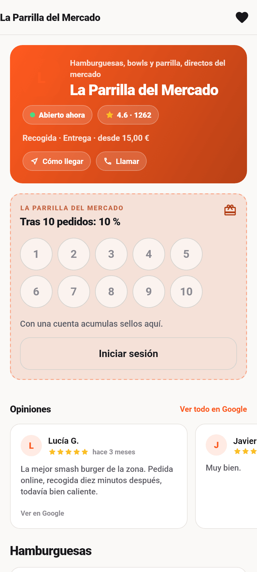 La aplicación para clientes: La página del restaurante