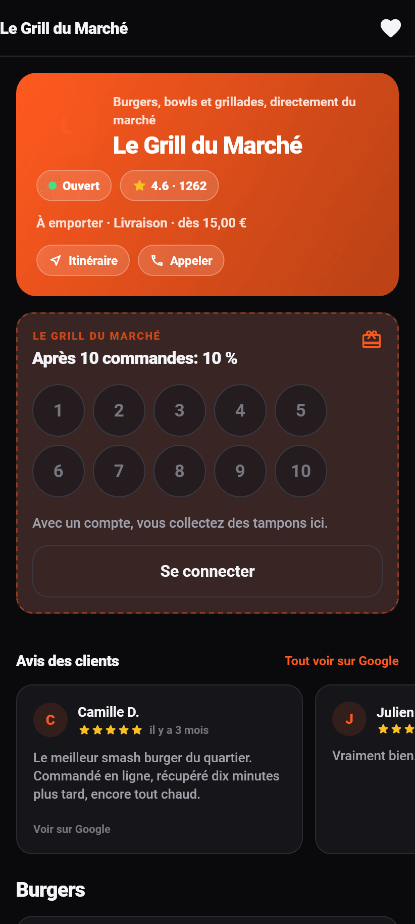 L'application pour les clients: La page du restaurant