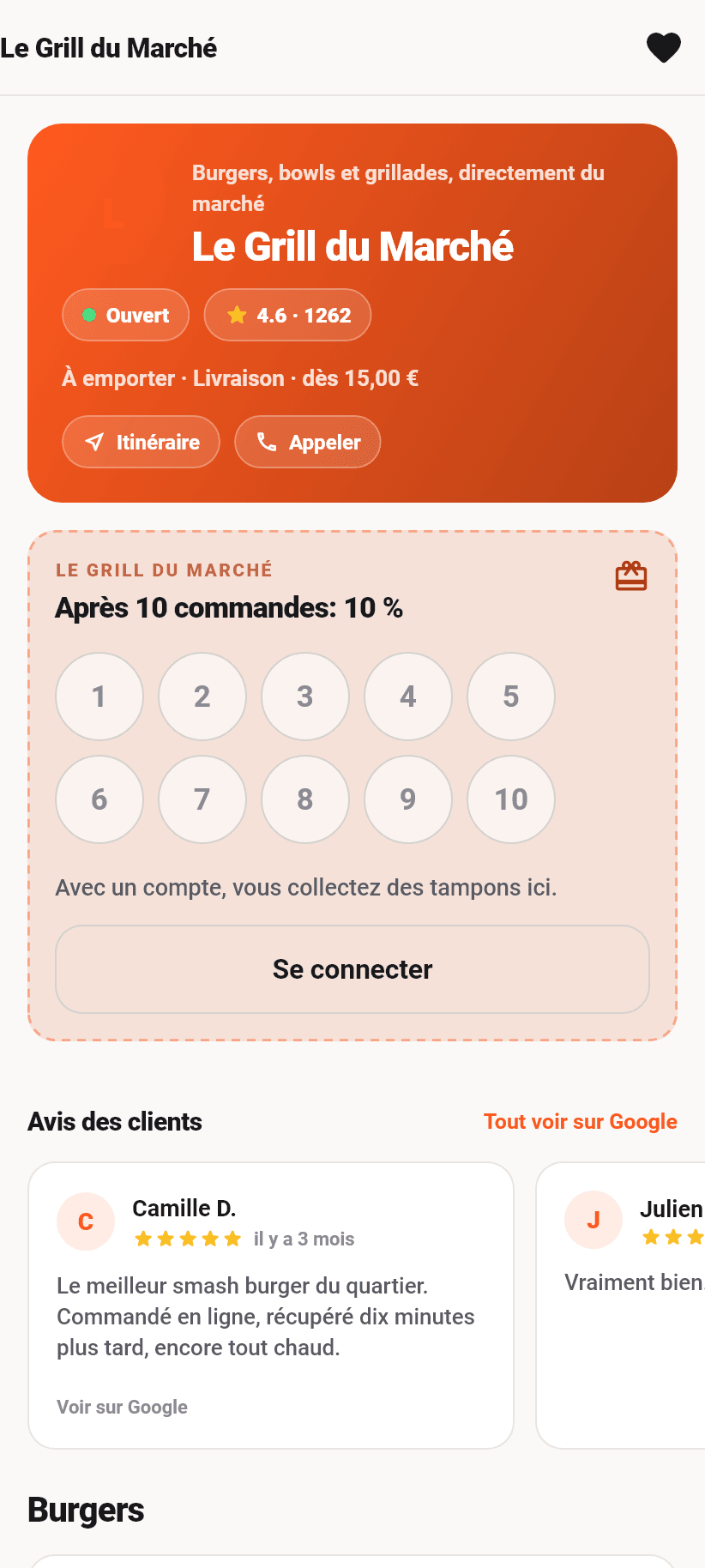 L'application pour les clients: La page du restaurant