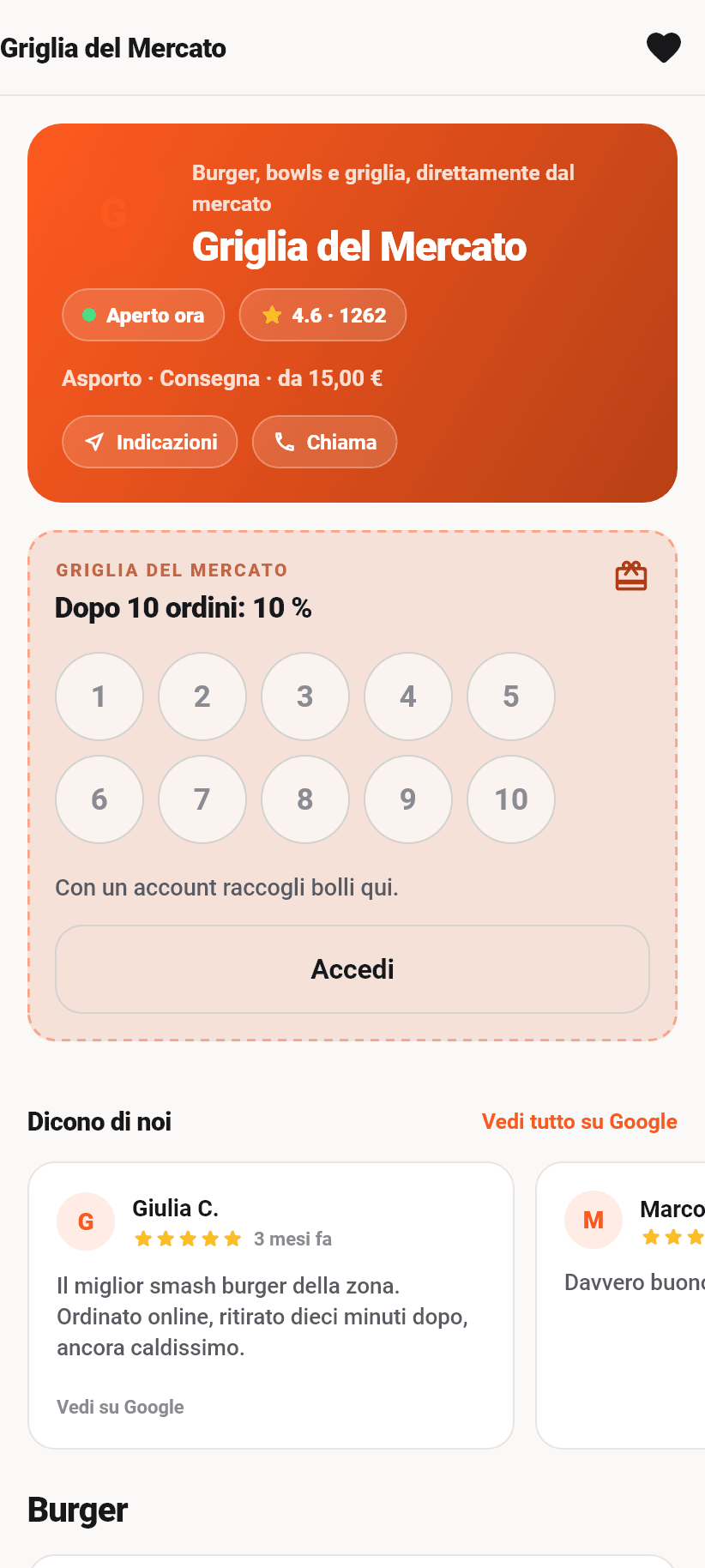 L'applicazione per i clienti: La pagina del ristorante