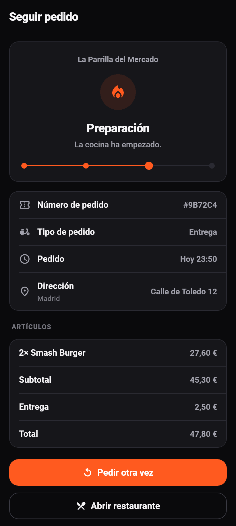 La aplicación para clientes: Seguir el pedido