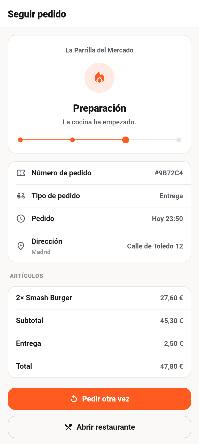 La aplicación para clientes: Seguir el pedido
