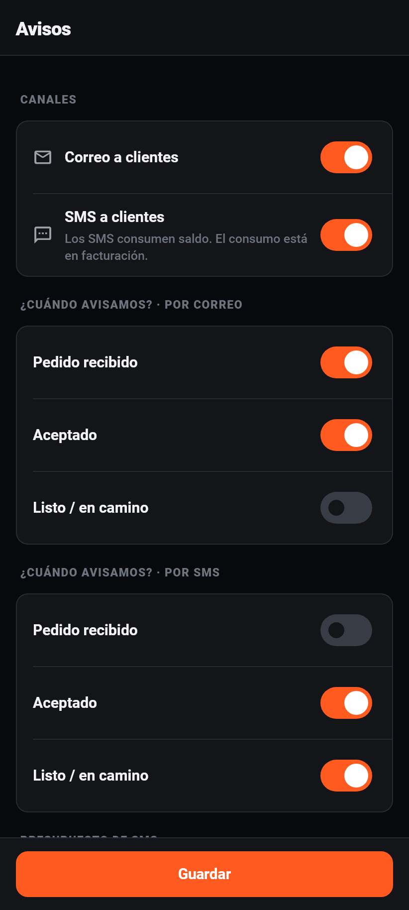 Los ajustes en la aplicación: Notificaciones a los clientes