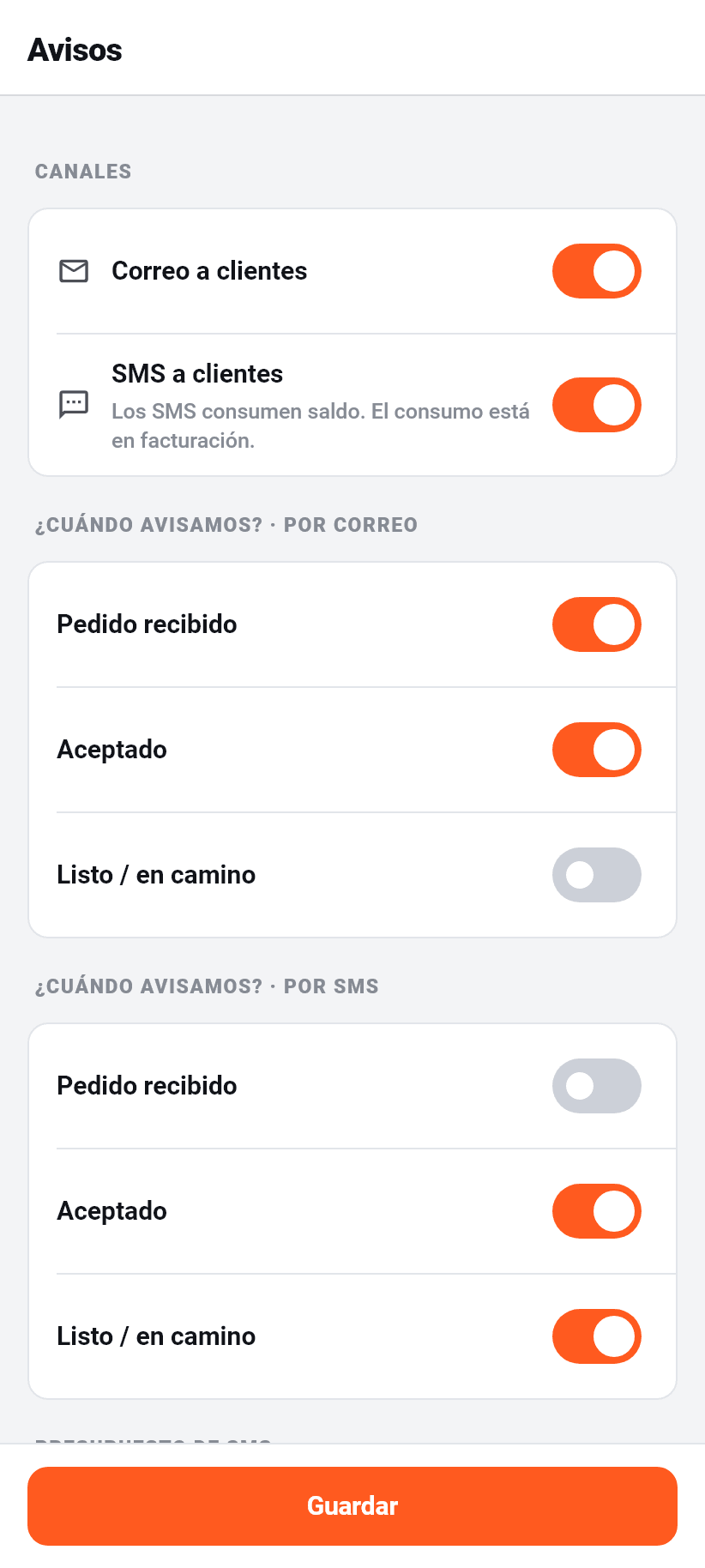 Los ajustes en la aplicación: Notificaciones a los clientes