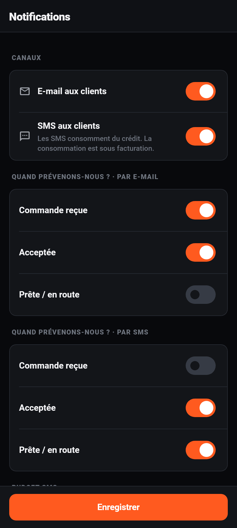 Les réglages dans l'application: Notifications aux clients