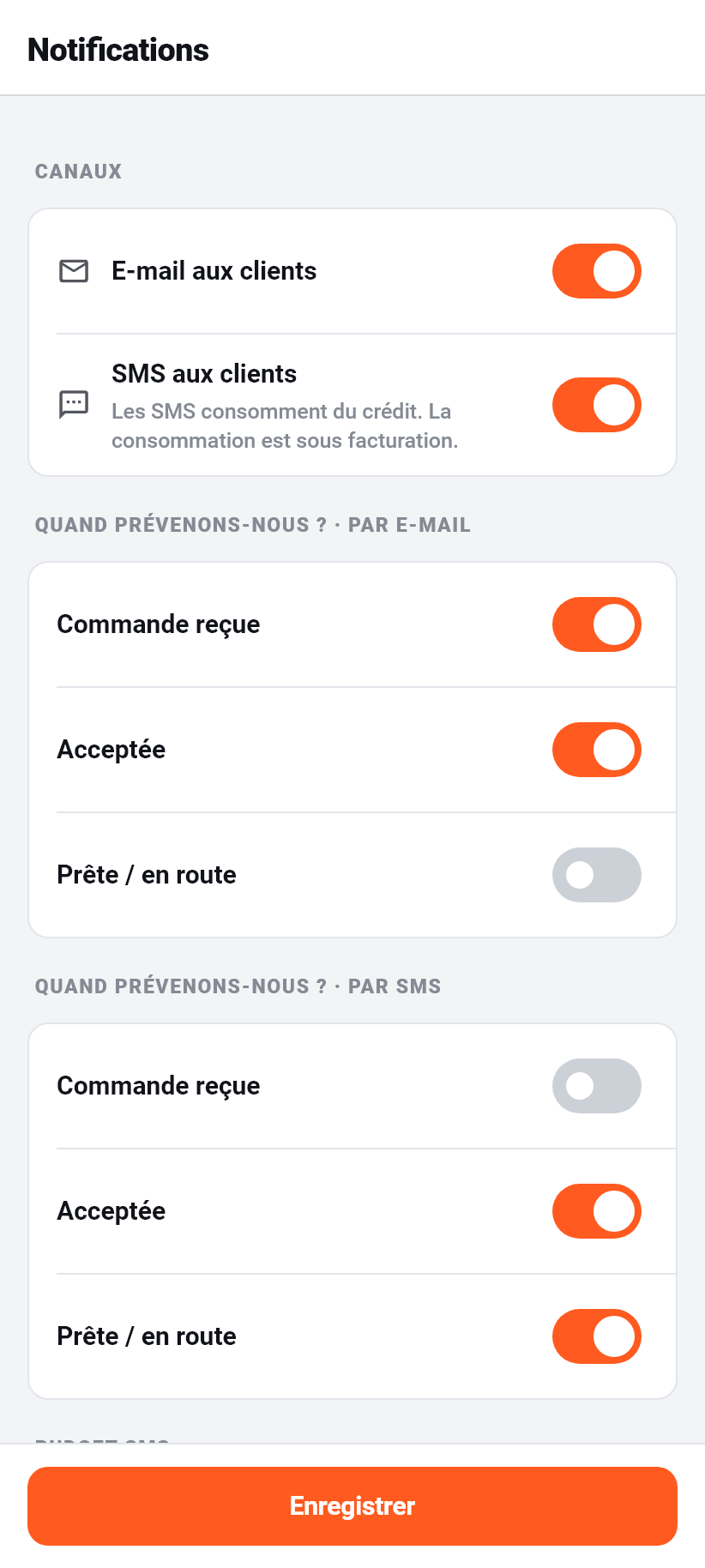 Les réglages dans l'application: Notifications aux clients