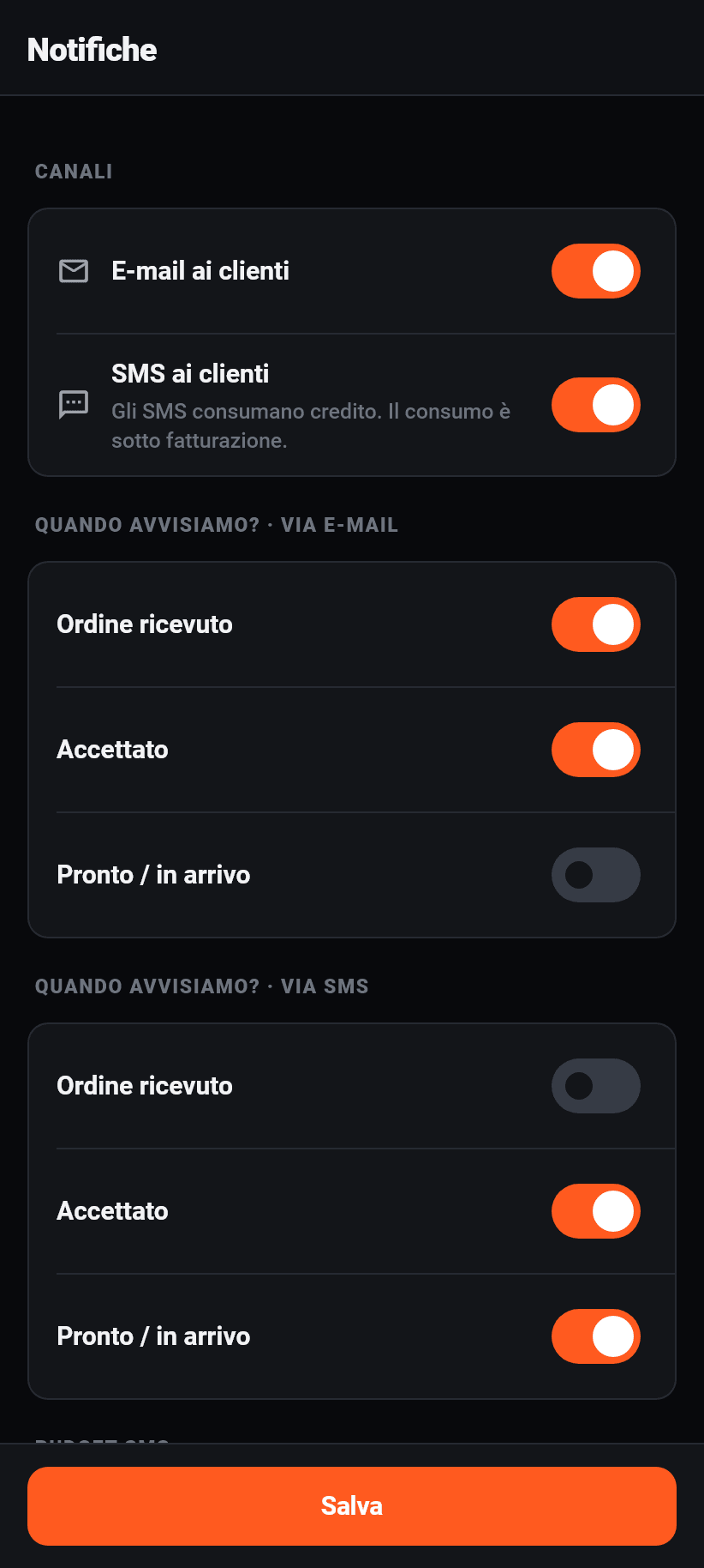 Le impostazioni nell'applicazione: Notifiche ai clienti