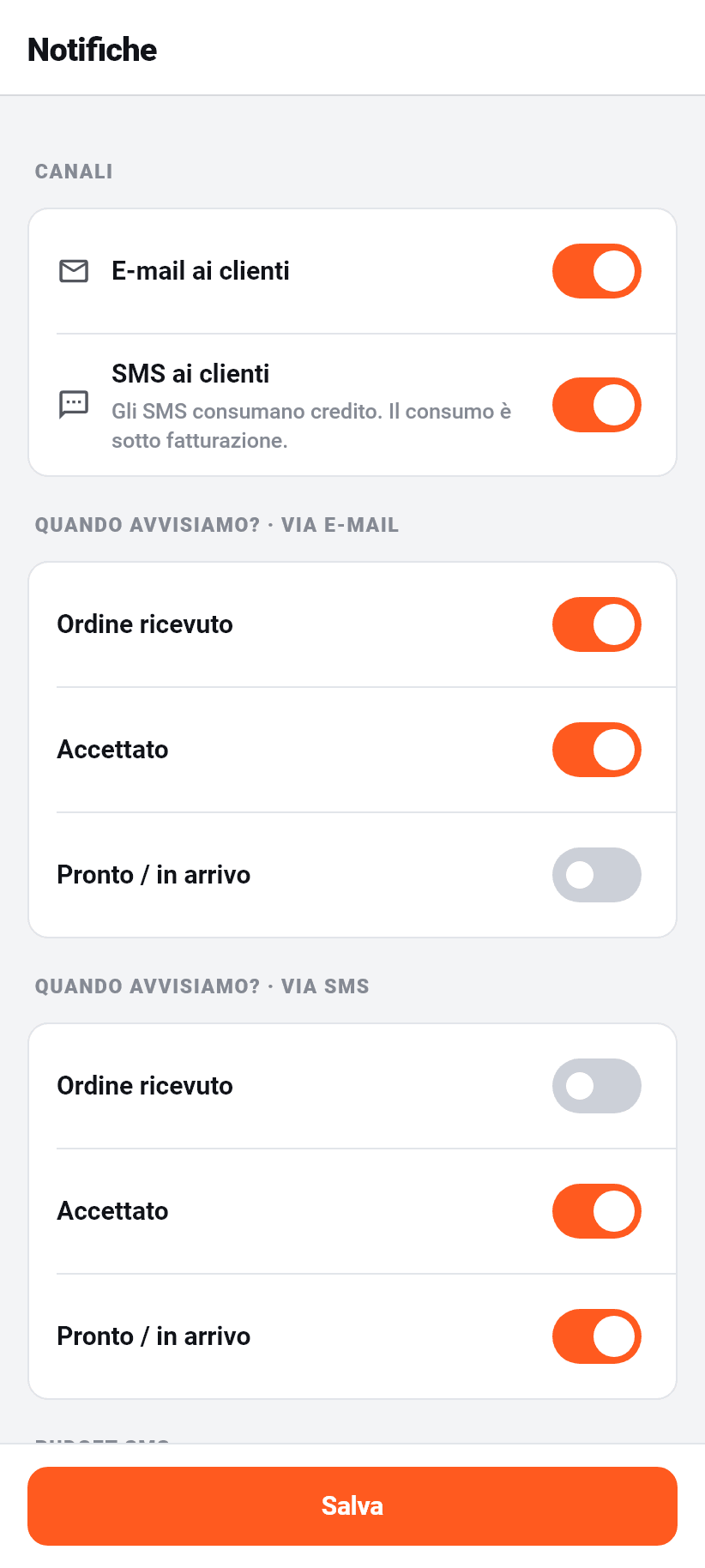 Le impostazioni nell'applicazione: Notifiche ai clienti