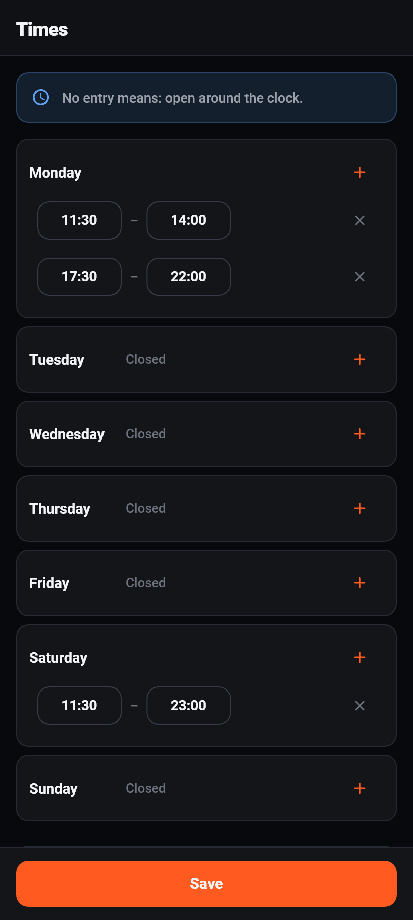 Settings in the app: Times