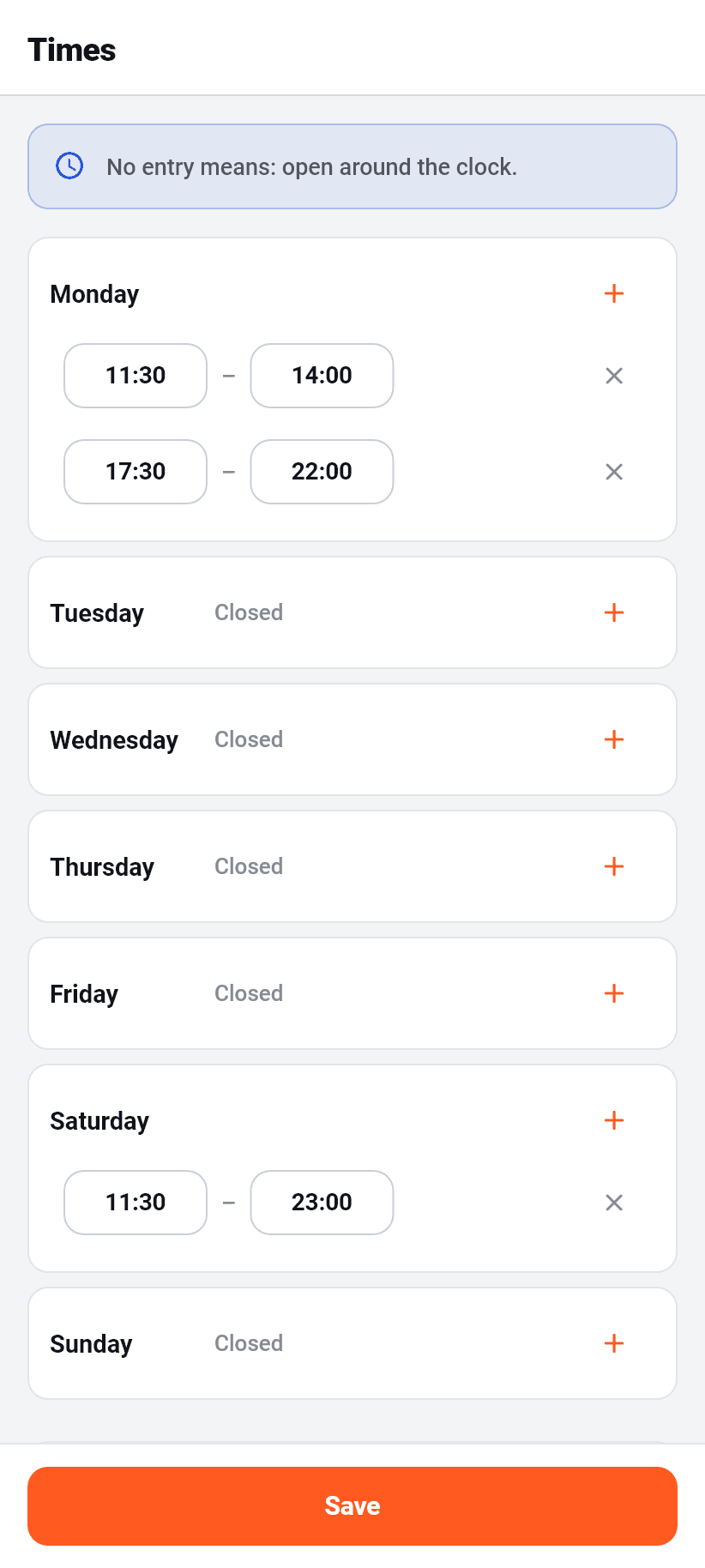 Settings in the app: Times