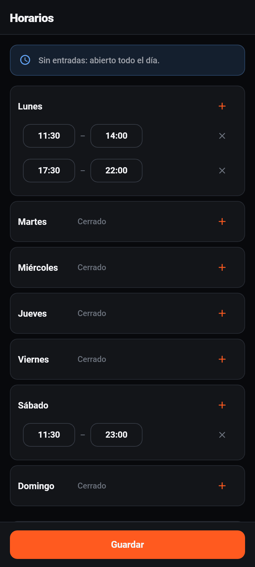 Los ajustes en la aplicación: Horarios