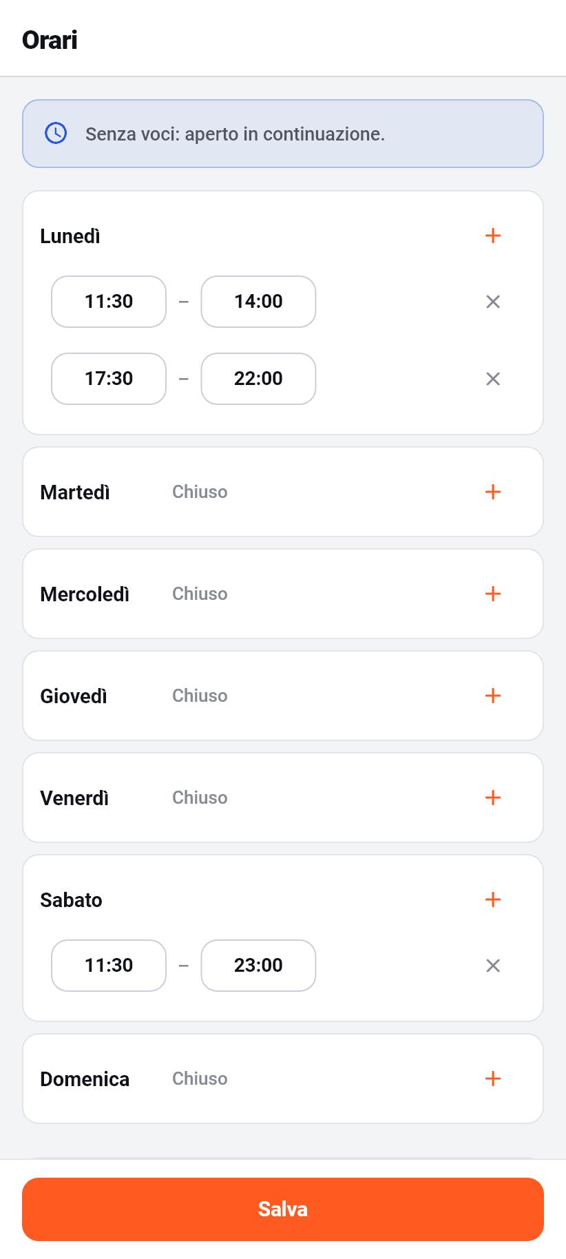 Le impostazioni nell'applicazione: Orari