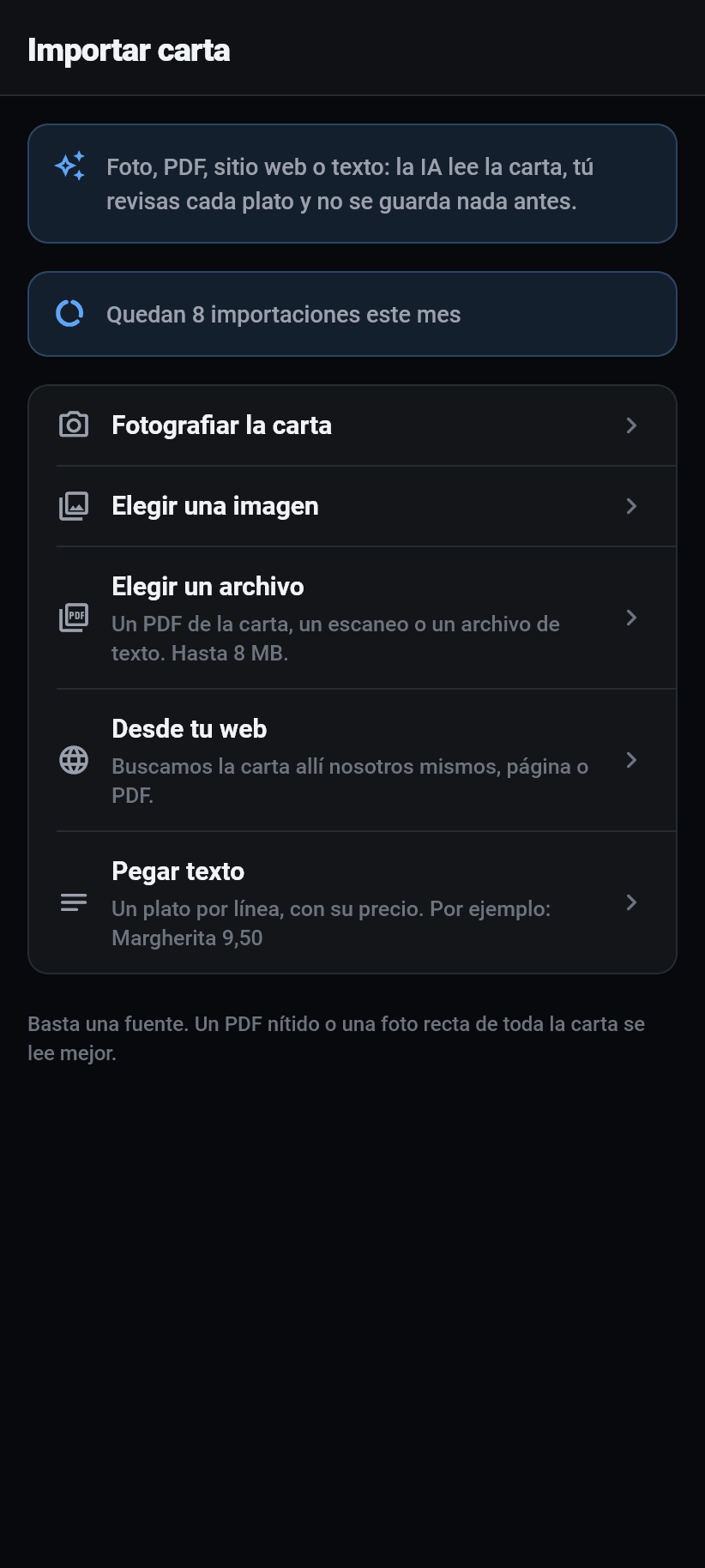 La aplicación para el negocio: Leer la carta