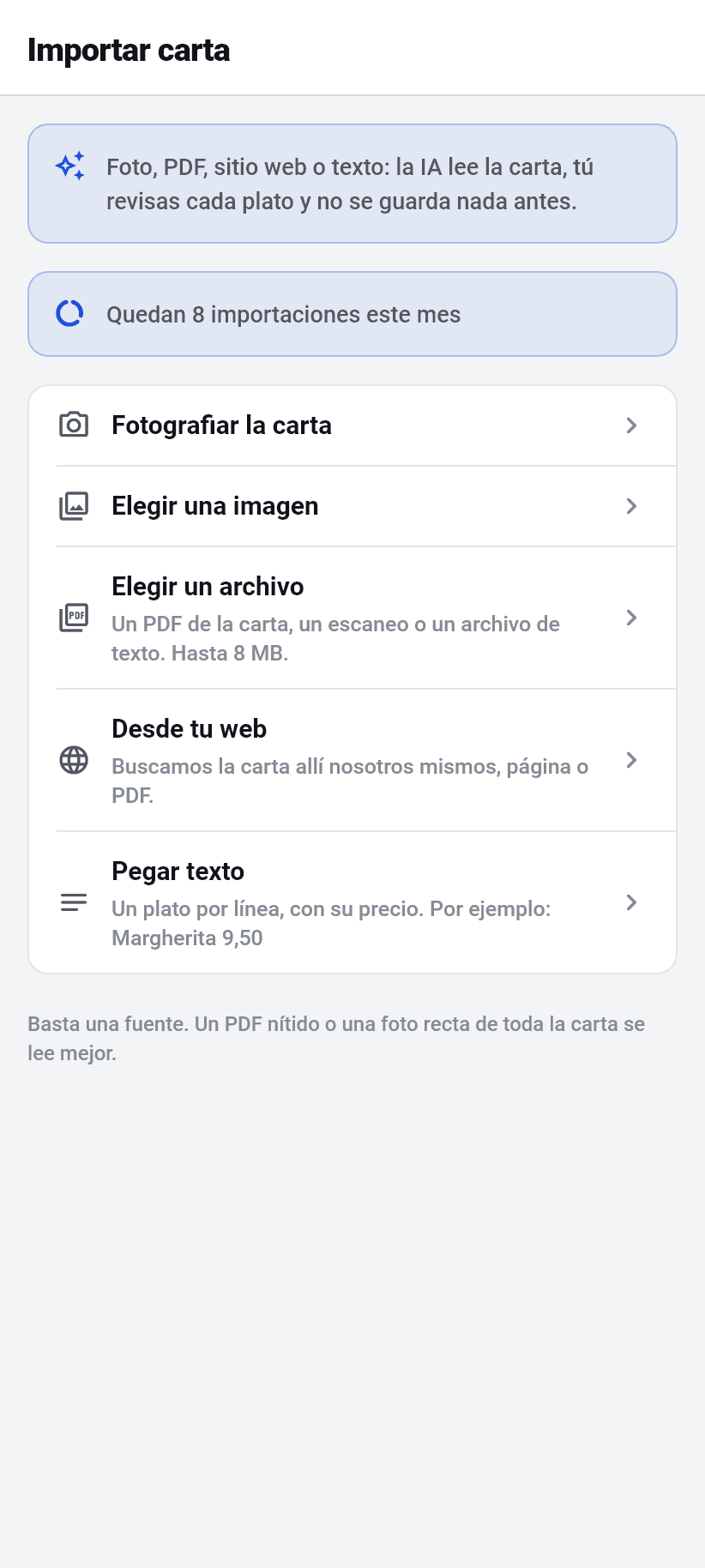 La aplicación para el negocio: Leer la carta