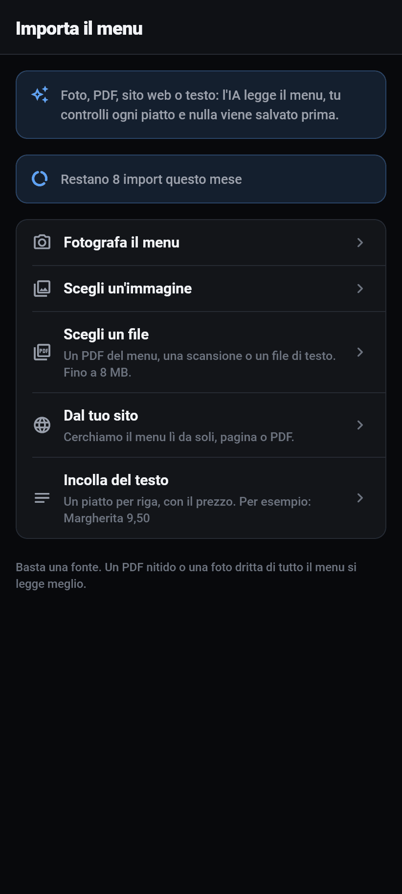 L'applicazione per il locale: Importare il menu