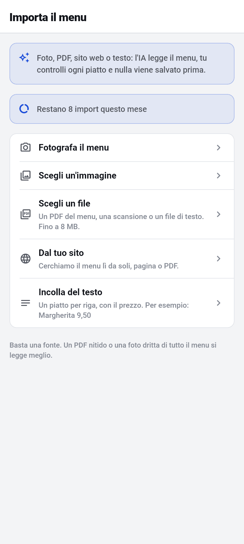 L'applicazione per il locale: Importare il menu