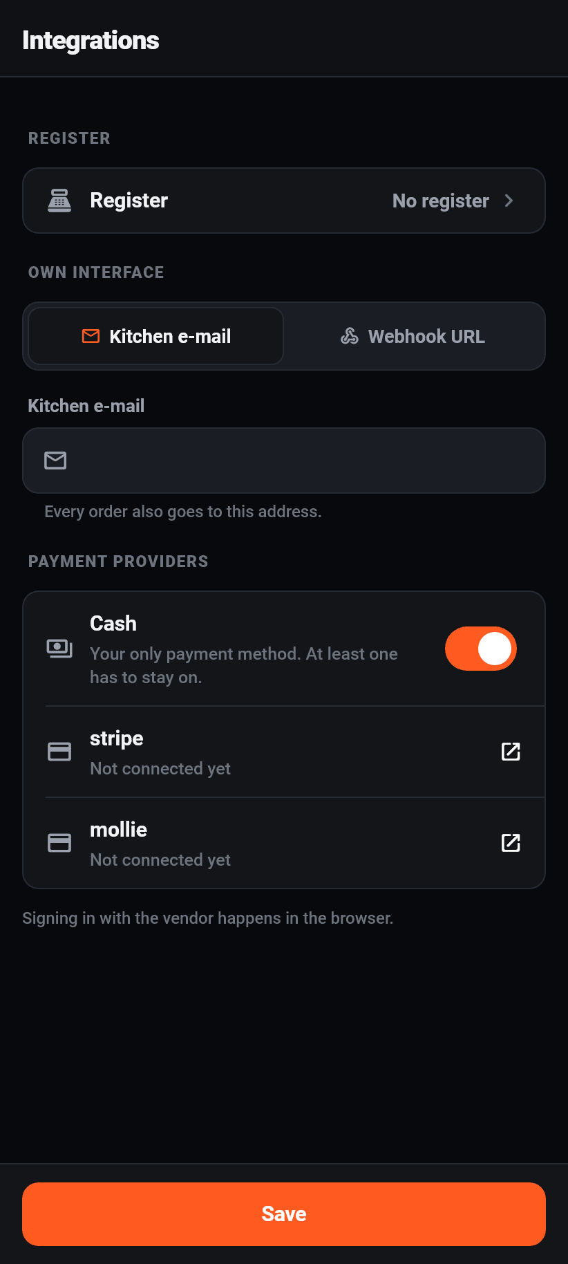 Settings in the app: Integrations