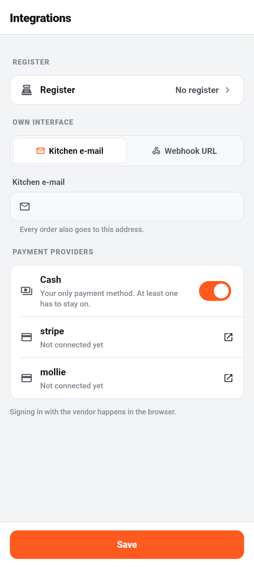 Settings in the app: Integrations