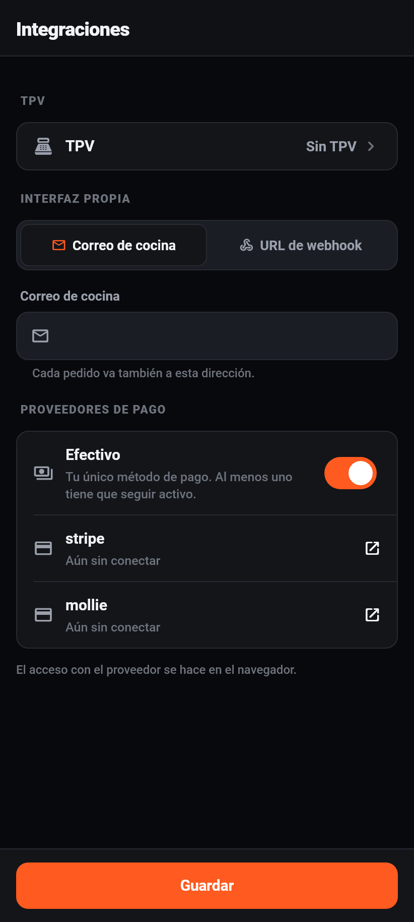Los ajustes en la aplicación: Integraciones