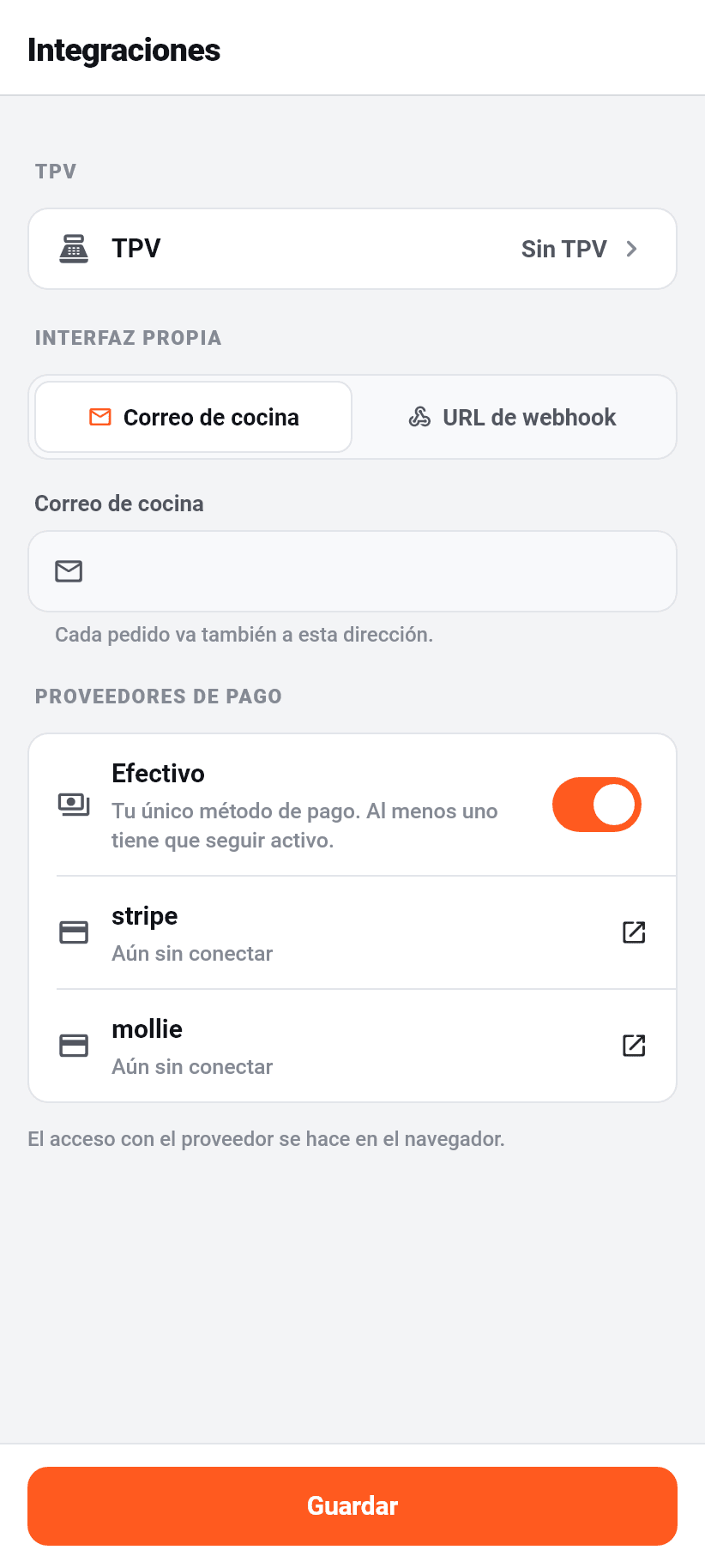 Los ajustes en la aplicación: Integraciones