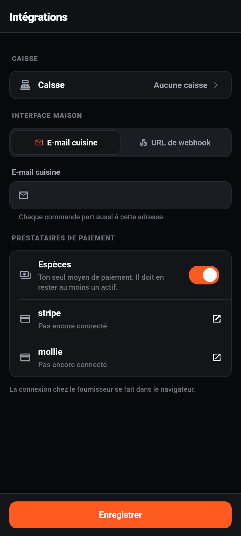 Les réglages dans l'application: Intégrations