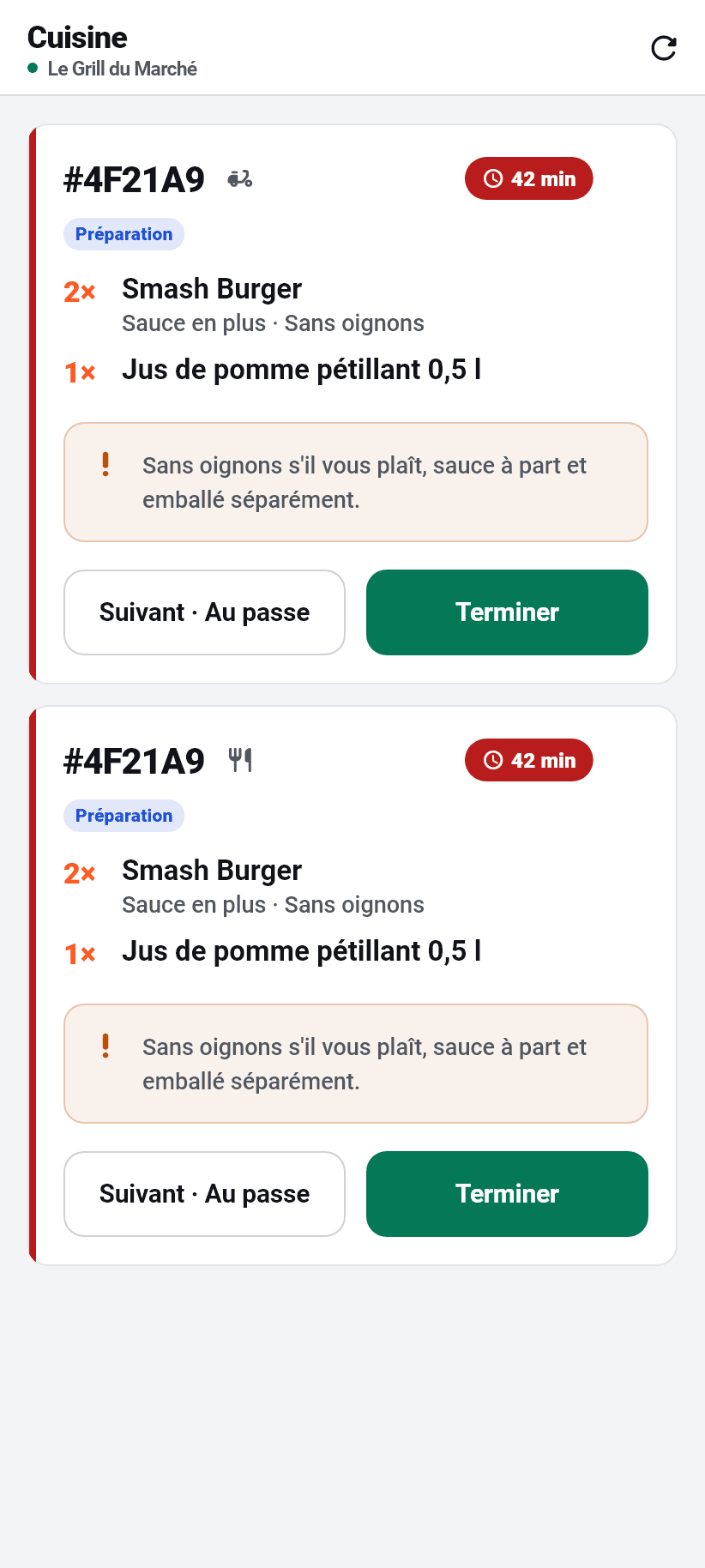 L'application pour l'établissement: Cuisine