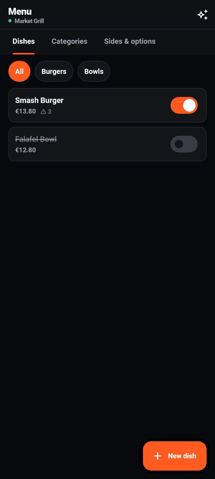 The app for the restaurant: Menu