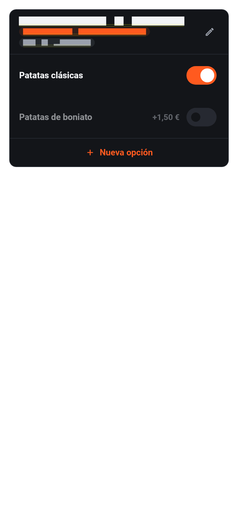 La aplicación para el negocio: Guarniciones y opciones