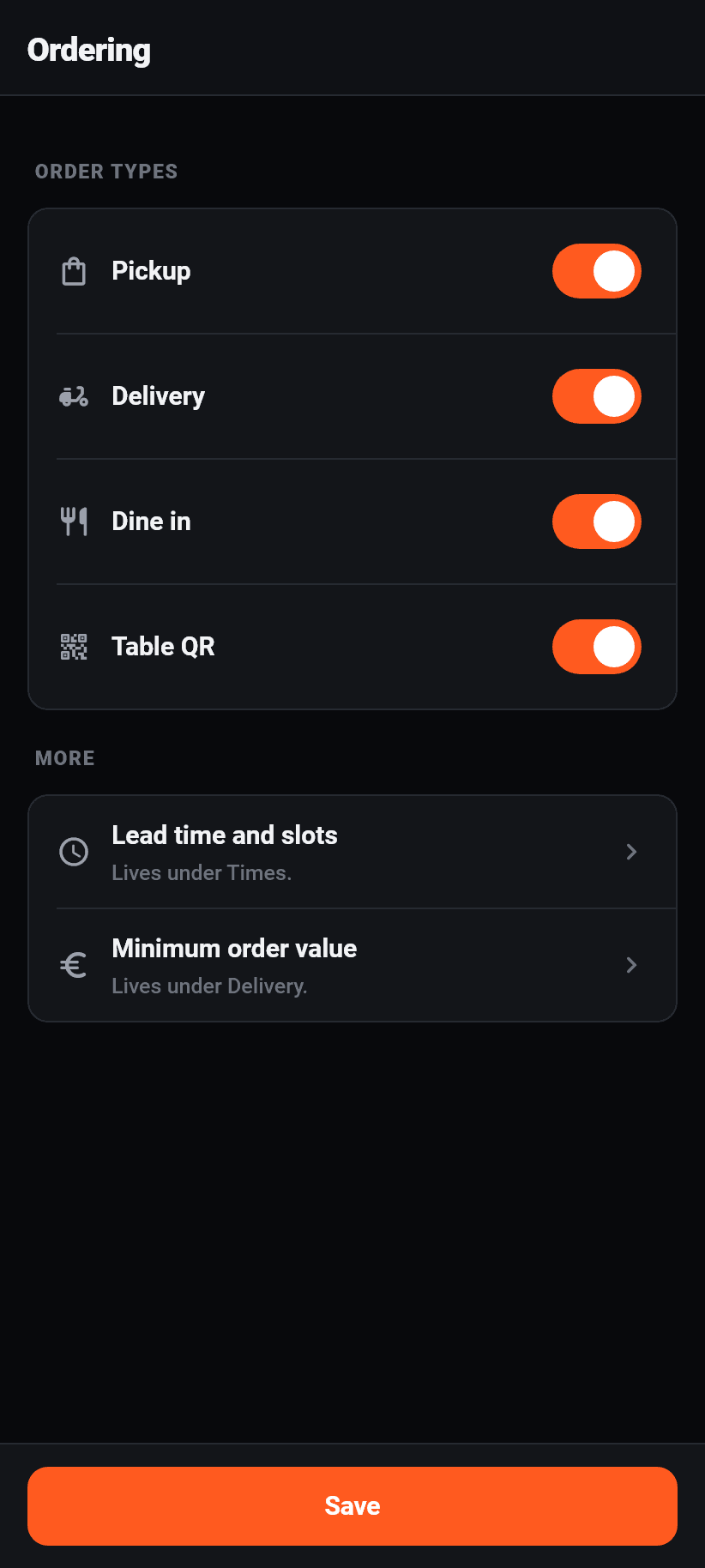 Settings in the app: Ordering flow