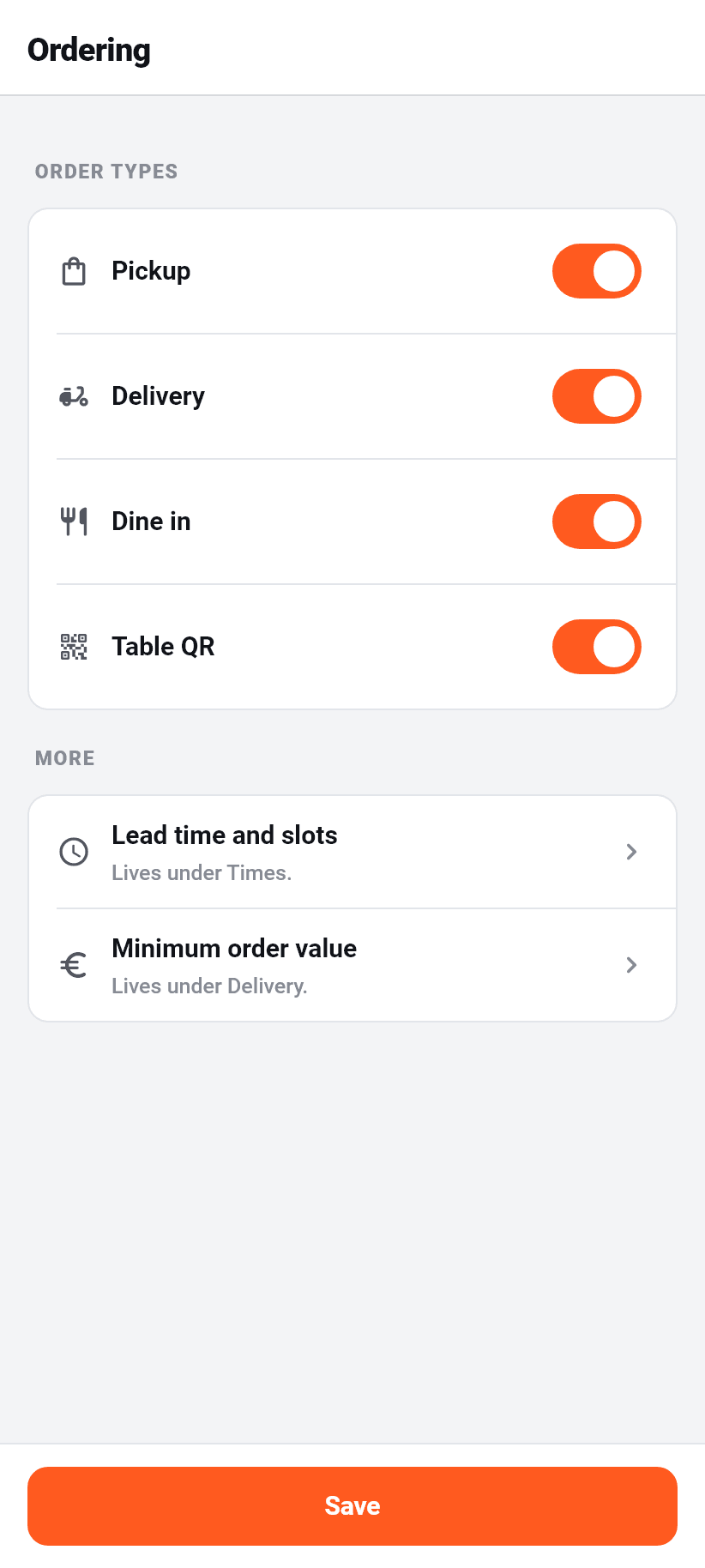 Settings in the app: Ordering flow